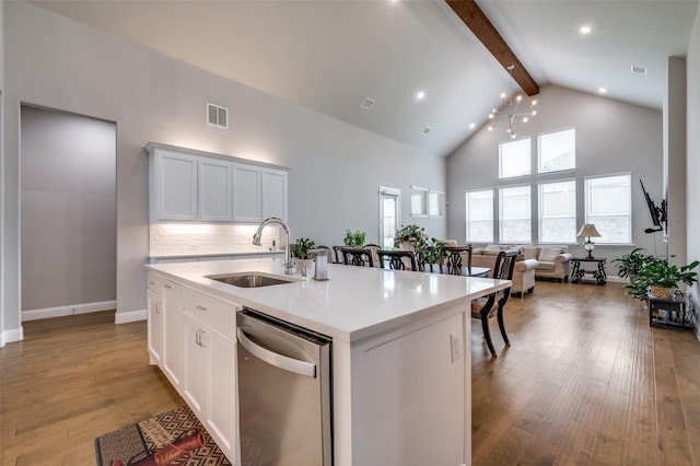 kitchen with visible vents, beam ceiling, high vaulted ceiling, a sink, and dishwasher