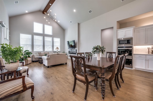 dining room with beamed ceiling, high vaulted ceiling, visible vents, and light wood finished floors