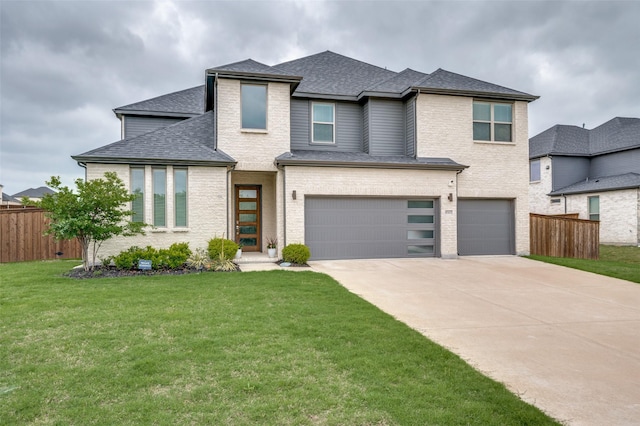 prairie-style home with fence, a front yard, roof with shingles, an attached garage, and driveway