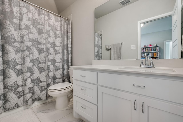 full bath featuring toilet, visible vents, marble finish floor, and vanity