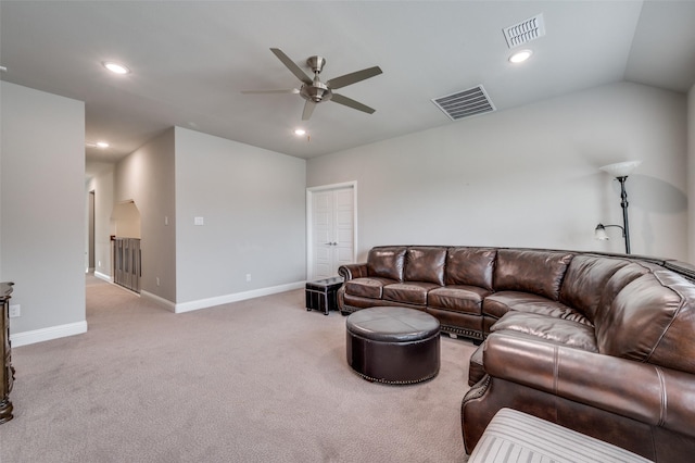 living area featuring visible vents, a ceiling fan, carpet, and recessed lighting