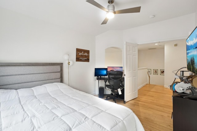 bedroom featuring ceiling fan and wood finished floors