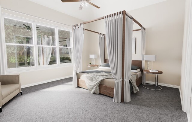 bedroom with baseboards, ceiling fan, and carpet