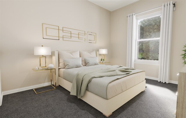 bedroom with baseboards, visible vents, and dark carpet
