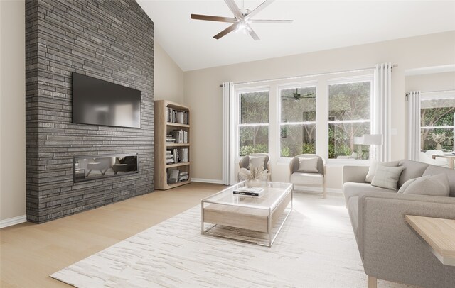 living area with wood finished floors, baseboards, a ceiling fan, a multi sided fireplace, and vaulted ceiling