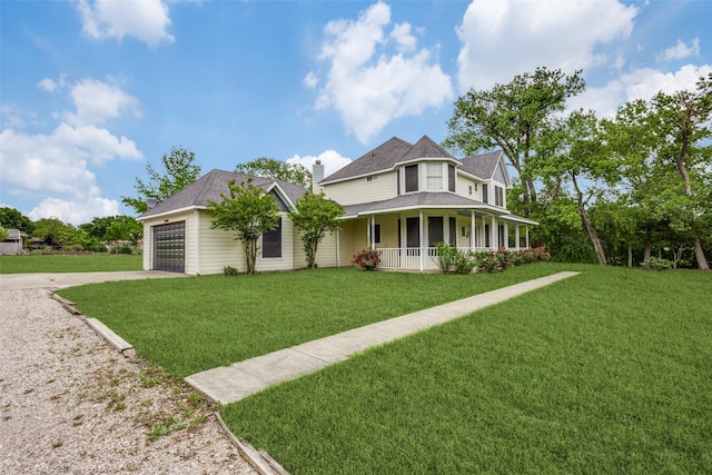 victorian home with an attached garage, covered porch, a front yard, and concrete driveway