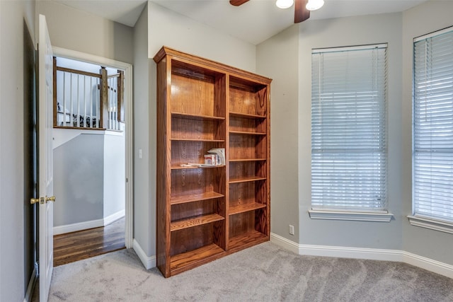 interior space with carpet floors, baseboards, and ceiling fan