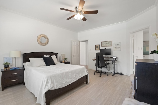 2624 Misty Glen Dr, Flower Mound, TX 75028 - bedroom featuring crown molding, light wood-style floors, ceiling fan, and a desk