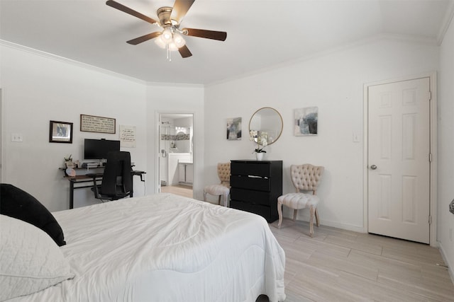 2624 Misty Glen Dr, Flower Mound, TX 75028 - bedroom with crown molding, an office area, light wood-type flooring, a ceiling fan, and ensuite bath