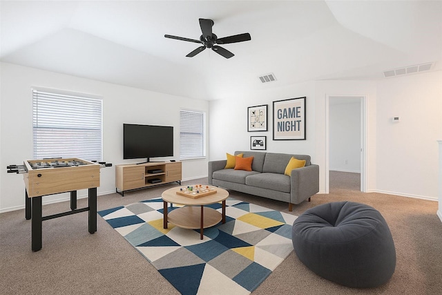 2624 Misty Glen Dr, Flower Mound, TX 75028 - carpeted living area with vaulted ceiling, ceiling fan, and baseboards