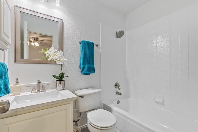 2624 Misty Glen Dr, Flower Mound, TX 75028 - bathroom featuring toilet, vanity, shower / tub combination, a textured wall, and a ceiling fan