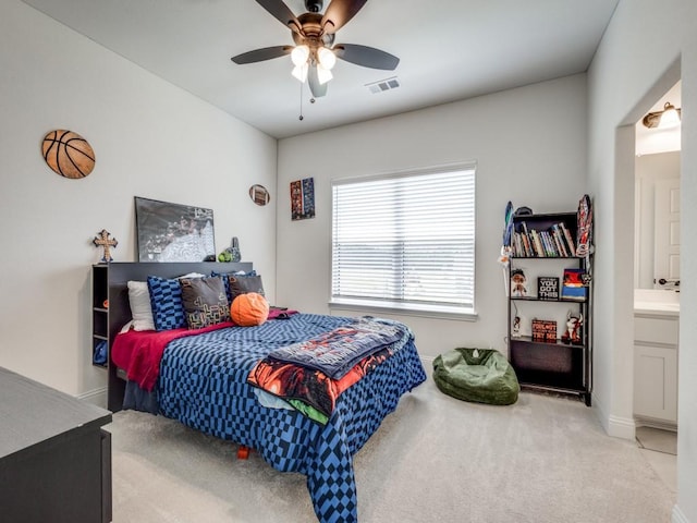 bedroom featuring carpet floors, ceiling fan, baseboards, and visible vents
