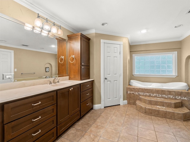 bathroom featuring recessed lighting, visible vents, a garden tub, and vanity