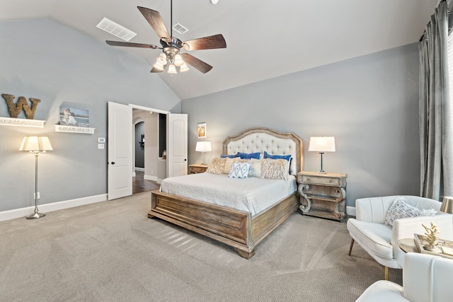 carpeted bedroom with baseboards, ceiling fan, high vaulted ceiling, and visible vents