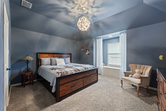 carpeted bedroom featuring visible vents, baseboards, and lofted ceiling