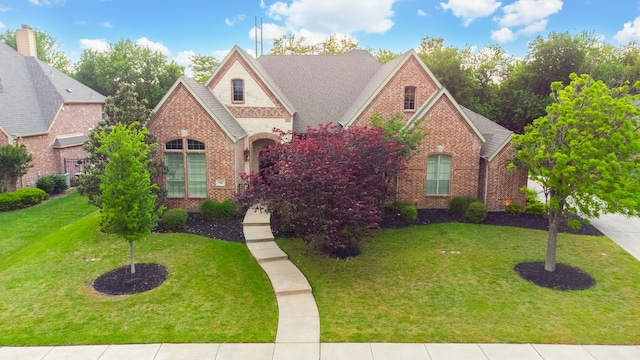 view of front of home with a front lawn and brick siding