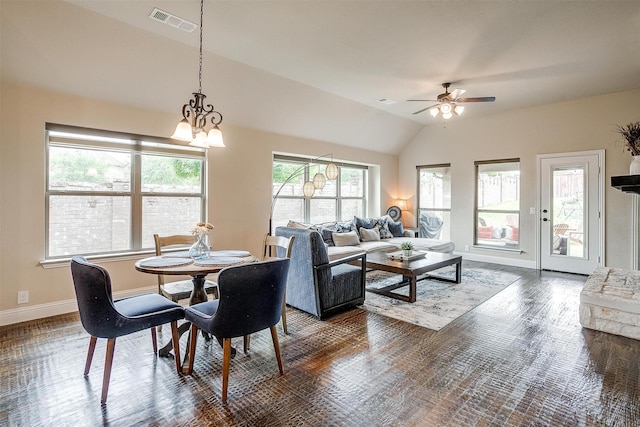 11948 Carlin Dr, Fort Worth, TX 76108 - dining space with visible vents, dark wood-style flooring, baseboards, ceiling fan, and vaulted ceiling