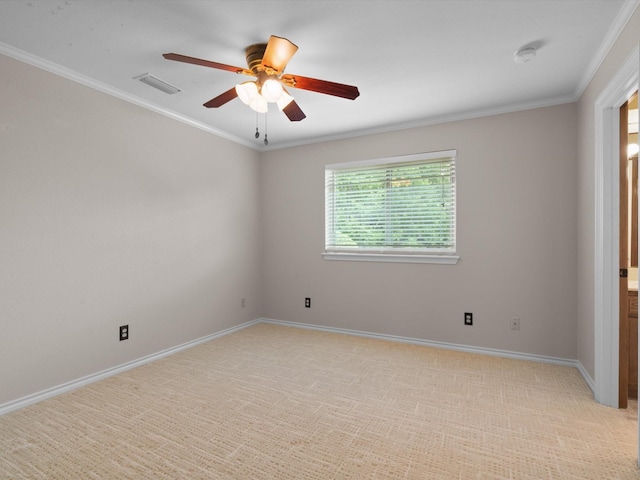 6916 April Way Cir, Plano, TX 75023 - spare room featuring a ceiling fan, ornamental molding, visible vents, and baseboards