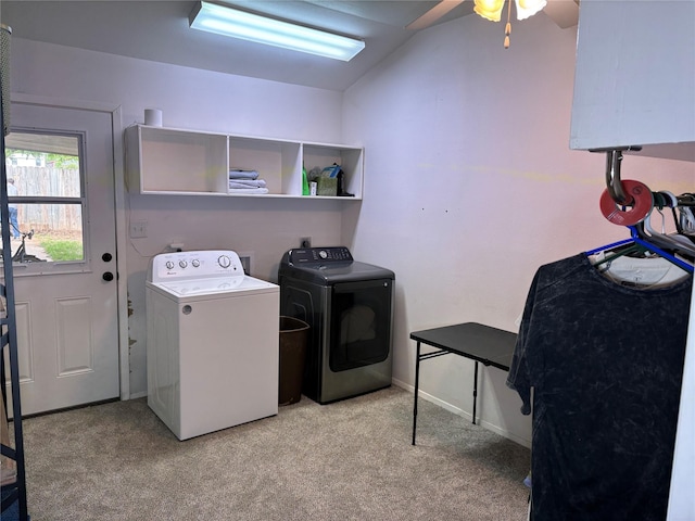 1207 W Cage St, Stephenville, TX 76401 - clothes washing area with washer and dryer, laundry area, carpet floors, a ceiling fan, and baseboards