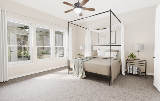bedroom with baseboards, ceiling fan, and carpet flooring