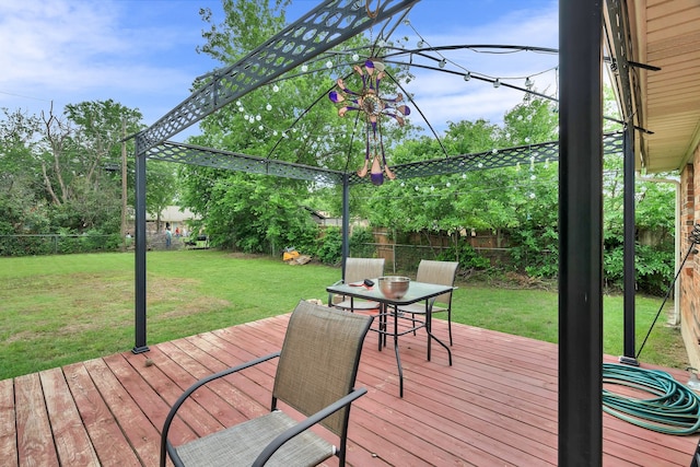 wooden terrace with a fenced backyard, outdoor dining space, and a lawn