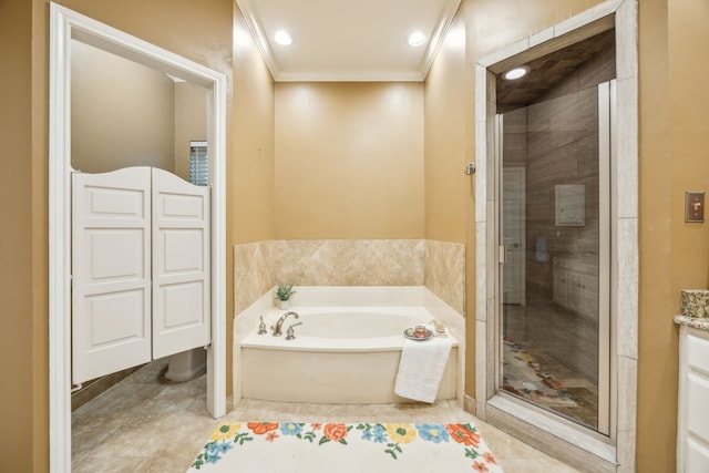 full bathroom featuring ornamental molding, a shower stall, and a bath