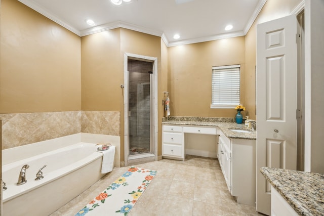 full bath featuring crown molding, vanity, tile patterned floors, a shower stall, and a bath