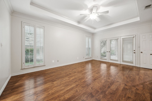 spare room featuring a tray ceiling, visible vents, plenty of natural light, and ceiling fan