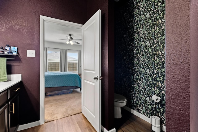 1823 Wolf Run, Anna, TX 75409 - bathroom featuring a textured wall, vanity, toilet, a ceiling fan, and wood finished floors