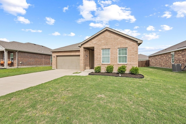 1823 Wolf Run, Anna, TX 75409 - ranch-style house featuring a garage, a front lawn, cooling unit, brick siding, and driveway
