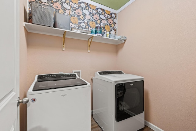 1823 Wolf Run, Anna, TX 75409 - washroom featuring laundry area, crown molding, washing machine and dryer, wood finished floors, and baseboards