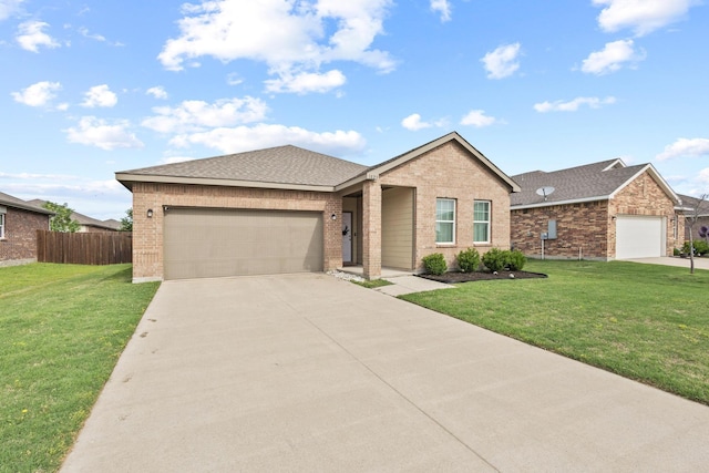 1823 Wolf Run, Anna, TX 75409 - ranch-style house featuring a garage, brick siding, fence, concrete driveway, and a shingled roof