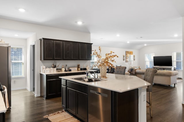 3033 Zinnia St, Royse City, TX 75189 - kitchen with stainless steel appliances, a sink, light countertops, recessed lighting, and dark wood-style flooring