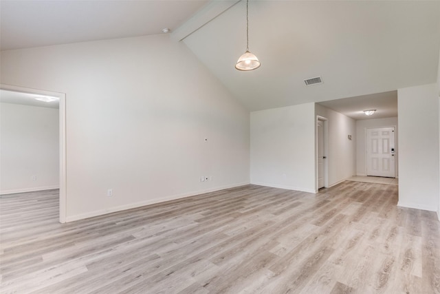 unfurnished living room featuring high vaulted ceiling, light wood-style flooring, baseboards, beamed ceiling, and visible vents