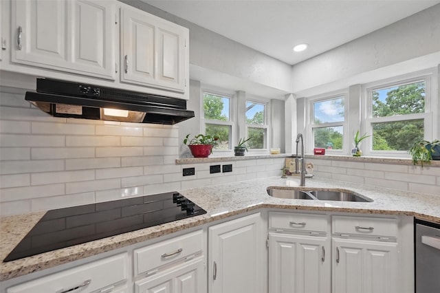 818 Red Oak Dr, Mansfield, TX 76063 - kitchen with under cabinet range hood, a sink, black electric cooktop, decorative backsplash, and stainless steel dishwasher