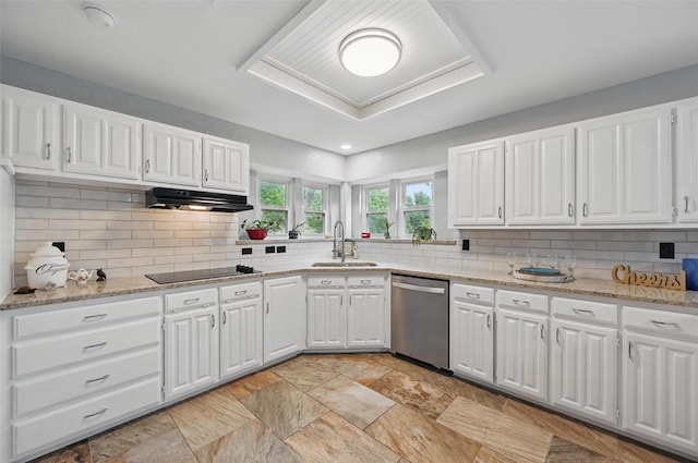 818 Red Oak Dr, Mansfield, TX 76063 - kitchen with dishwasher, a sink, under cabinet range hood, black electric cooktop, and white cabinets