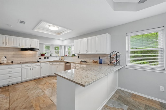 818 Red Oak Dr, Mansfield, TX 76063 - kitchen featuring stainless steel dishwasher, a sink, a raised ceiling, tasteful backsplash, and white cabinets