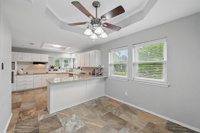 818 Red Oak Dr, Mansfield, TX 76063 - kitchen featuring a raised ceiling, a sink, a peninsula, decorative backsplash, and plenty of natural light
