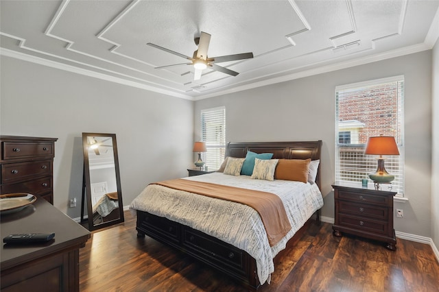 8208 Rock Elm Rd, Fort Worth, TX 76131 - bedroom featuring dark wood-style flooring, ornamental molding, baseboards, and a ceiling fan
