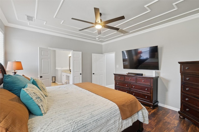 8208 Rock Elm Rd, Fort Worth, TX 76131 - bedroom with dark wood finished floors, ornamental molding, ceiling fan, and baseboards