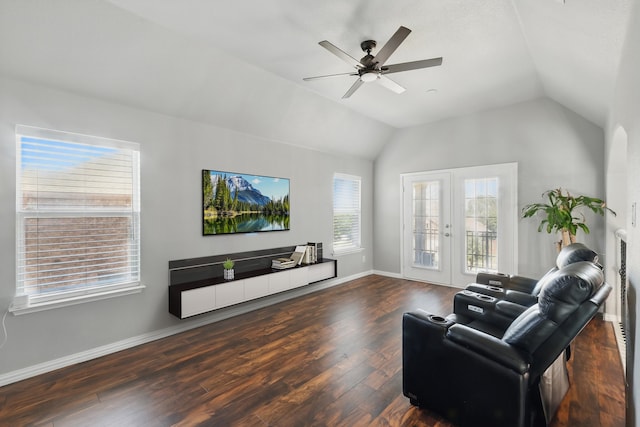 8208 Rock Elm Rd, Fort Worth, TX 76131 - living room featuring lofted ceiling, wood finished floors, a ceiling fan, baseboards, and french doors