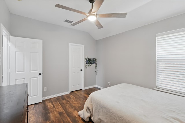 8208 Rock Elm Rd, Fort Worth, TX 76131 - bedroom with dark wood-style flooring, lofted ceiling, baseboards, and ceiling fan