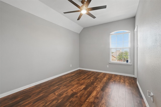 8208 Rock Elm Rd, Fort Worth, TX 76131 - spare room featuring a ceiling fan, dark wood-style flooring, baseboards, and vaulted ceiling
