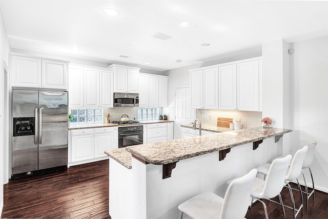 kitchen with dark wood finished floors, light stone countertops, stainless steel appliances, and a kitchen bar