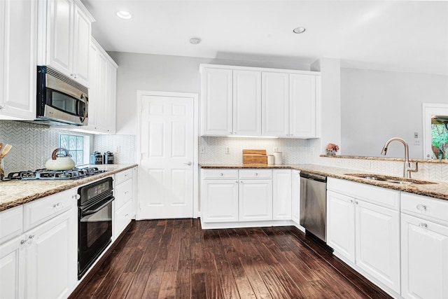 kitchen featuring dark wood-style flooring, tasteful backsplash, light stone countertops, a sink, and stainless steel appliances