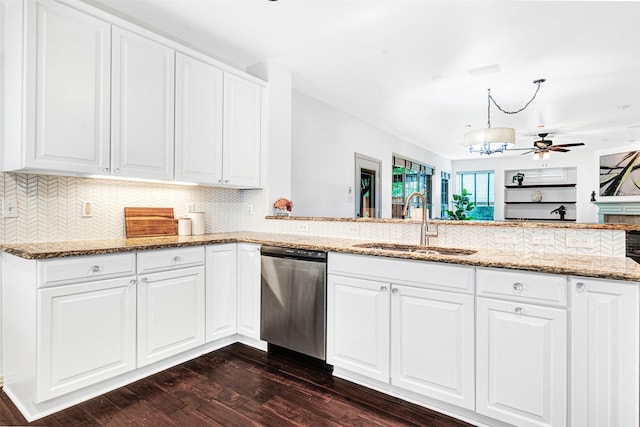 2283 Fox Crossing Ln, Frisco, TX 75036 - kitchen featuring a sink, light stone counters, stainless steel dishwasher, and dark wood-type flooring