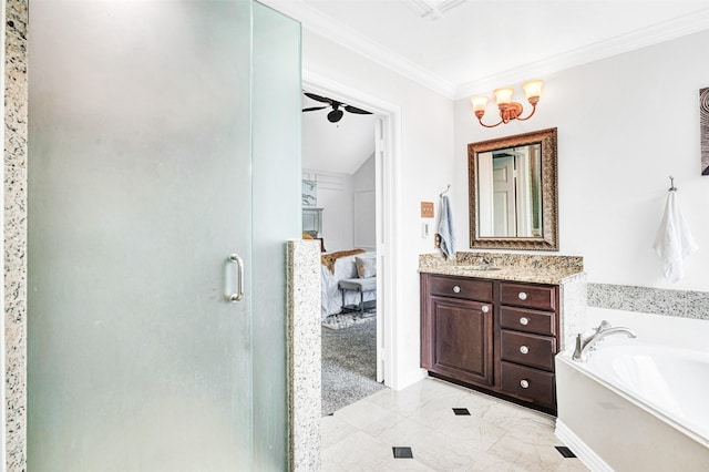 bathroom with a garden tub, ornamental molding, vanity, a shower stall, and ceiling fan with notable chandelier