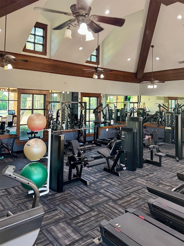 2283 Fox Crossing Ln, Frisco, TX 75036 - workout area featuring recessed lighting, carpet flooring, ceiling fan, and high vaulted ceiling