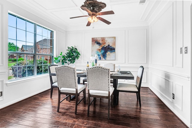 2283 Fox Crossing Ln, Frisco, TX 75036 - dining area featuring crown molding, visible vents, a decorative wall, a ceiling fan, and dark wood finished floors