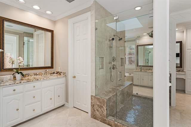 bathroom featuring vanity, ornamental molding, recessed lighting, and a shower stall